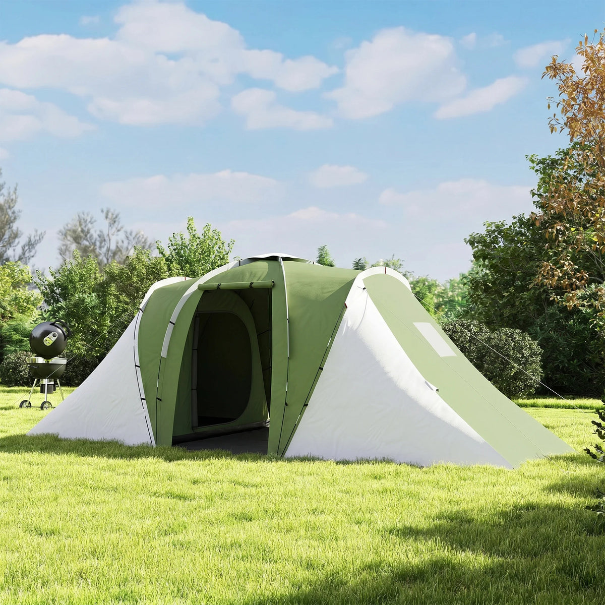 4 Person Tunnel Tent with 2 Bedrooms and Living Area, Green and White