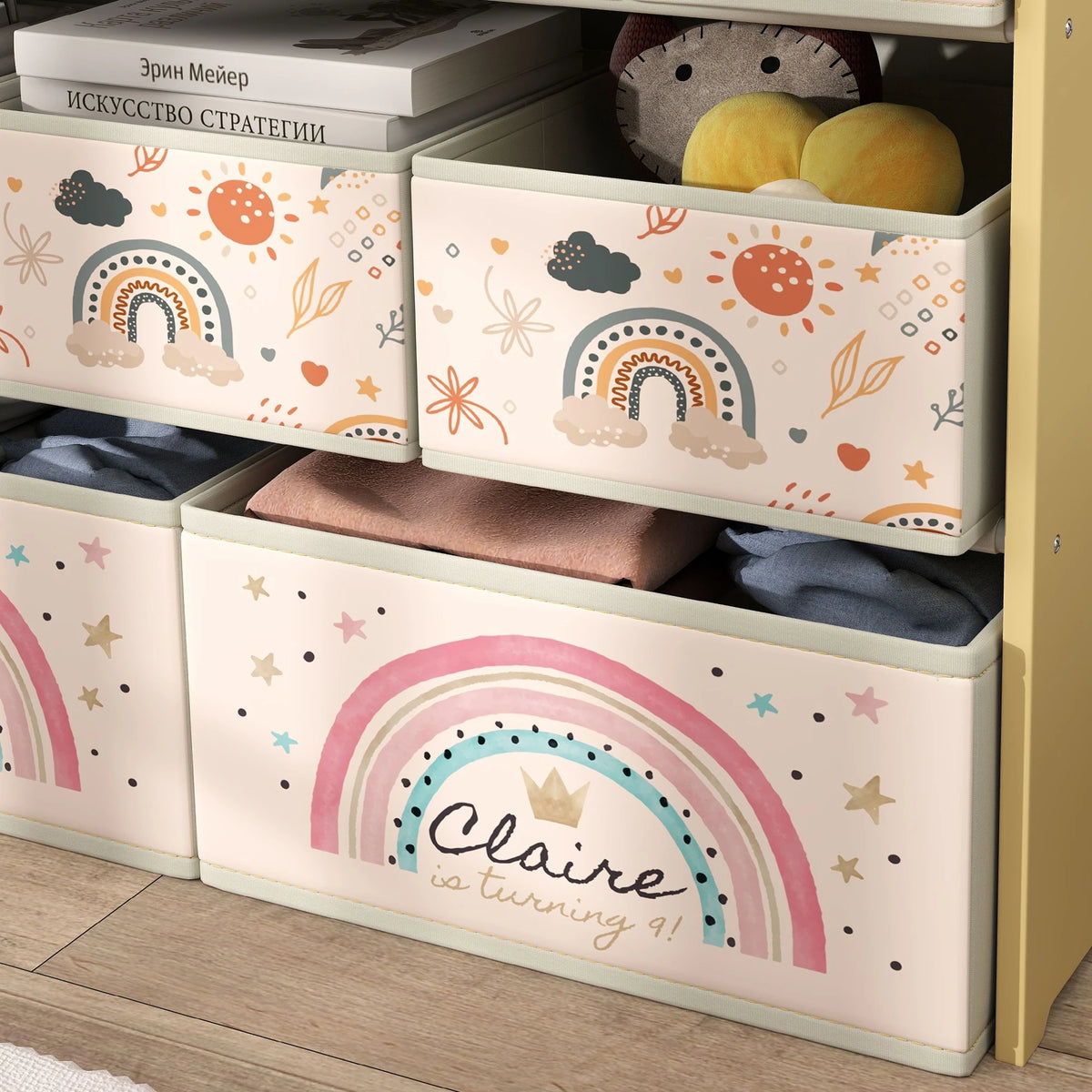 Kids Toy Storage Unit, 3-Tier Organiser with 9 Fabric Boxes, Yellow