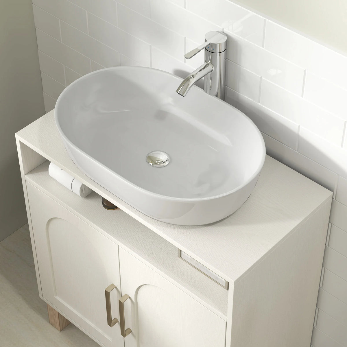 Under Sink Bathroom Cabinet with Adjustable Shelf and U-Shaped Cut-Out, 60 x 30 x 63 cm, Cream White