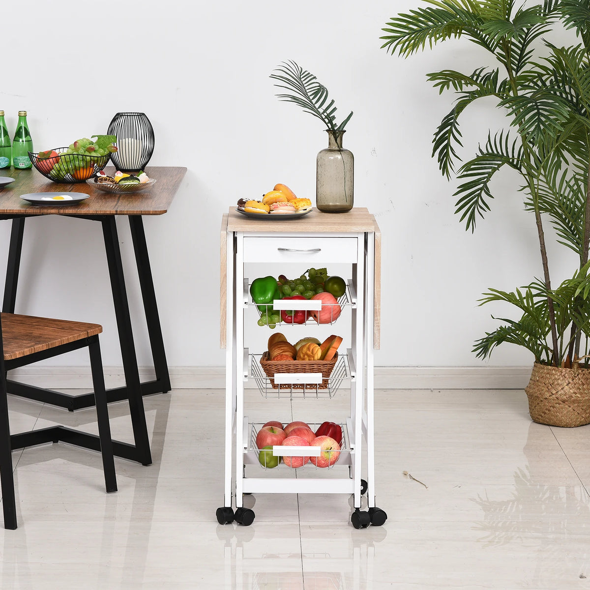 Drop-Leaf Kitchen Trolley with 3 Baskets, Drawer and 6 Wheels, White