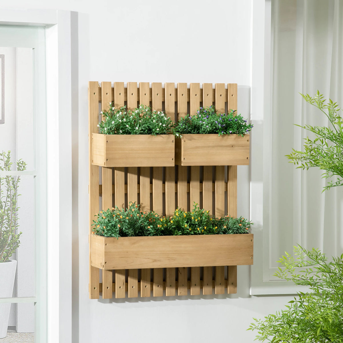 Wall-Mounted Garden Planters with Trellis and 3 Movable Planter Boxes, Natural