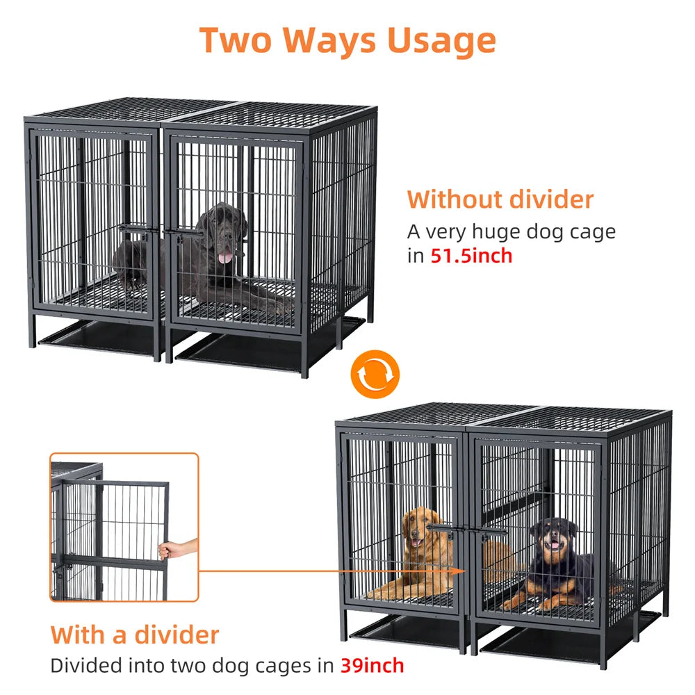 BORWART Heavy Duty Large Dog Crate 130.5x100x100cm Removable Divider Metal Cage for 2 Dogs 150kg
