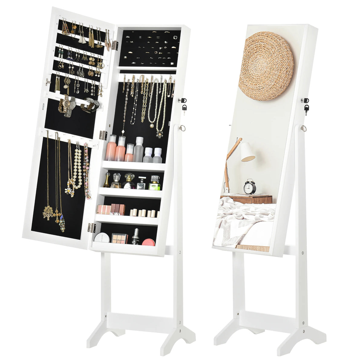 Lockable Jewellery Cabinet with Full-Length Mirror, White