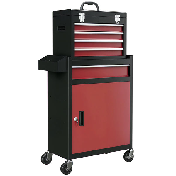 Rolling Tool Cabinet with Top Chest, 5 Drawers and Lockable Cupboard, Red and Black
