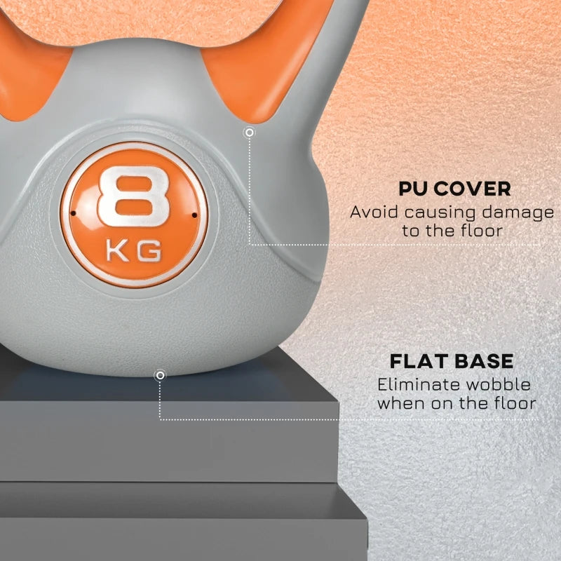 8kg Kettlebell with PU Cover Wide Grip and Flat Base 20x14x24cm Home Gym Strength Training Orange and Grey