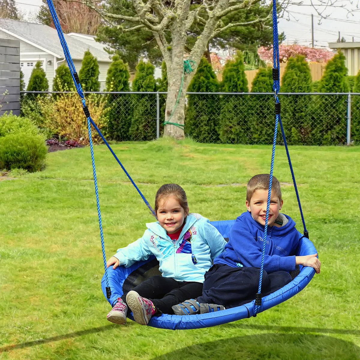 Round Tree Swing 100cm Nest Swing with Steel Frame and Adjustable Ropes 100kg for Ages 3-8