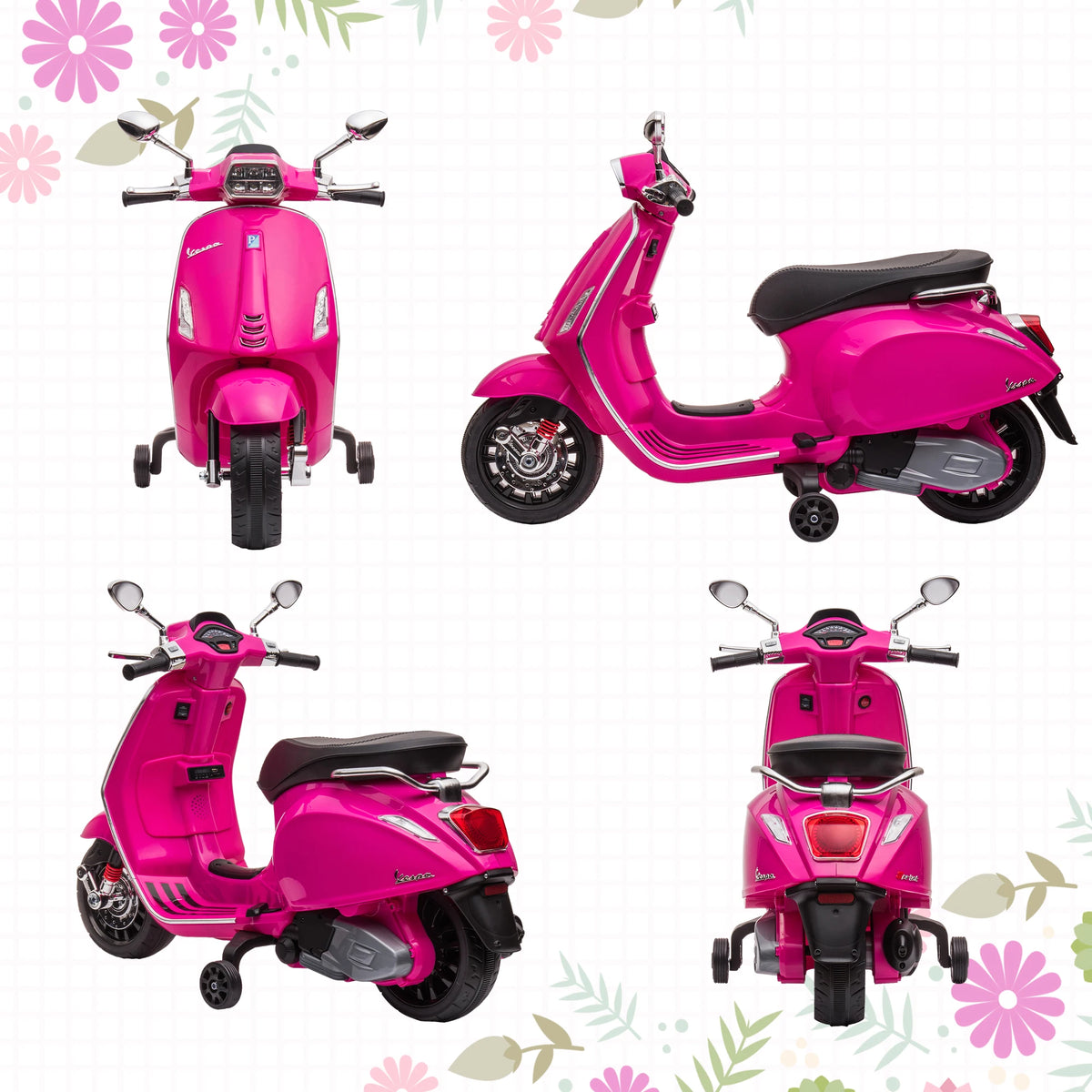 Vespa Licensed 12V Kids Electric Ride On Motorbike 107x47x73cm with Training Wheels Lights and Music