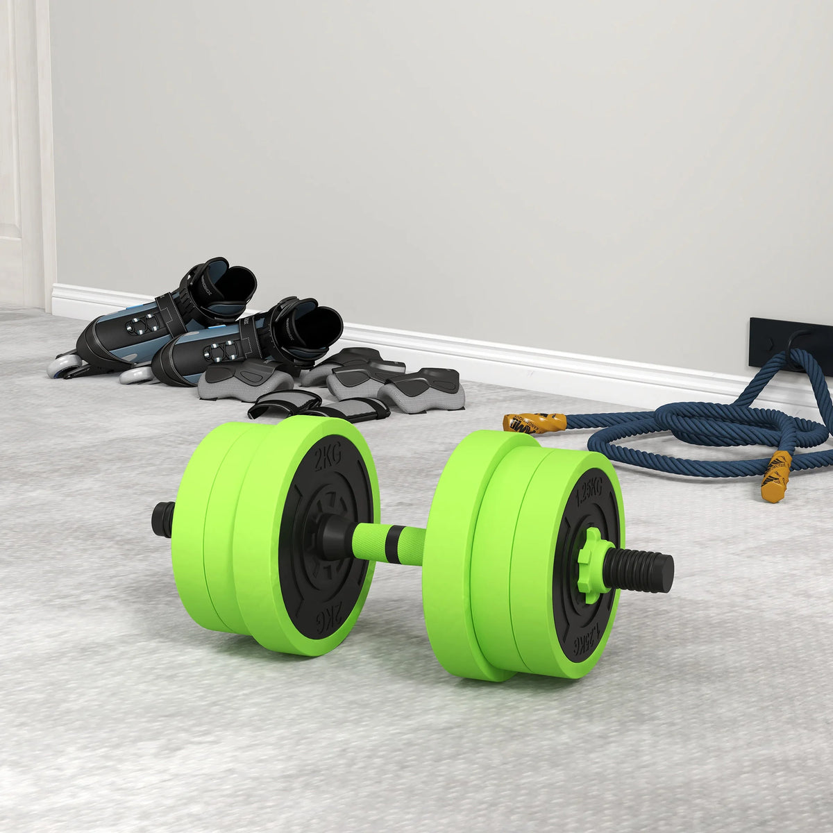 4-in-1 Adjustable Dumbbell Set, 20kg Barbell, Kettlebell and Push-Up Stand