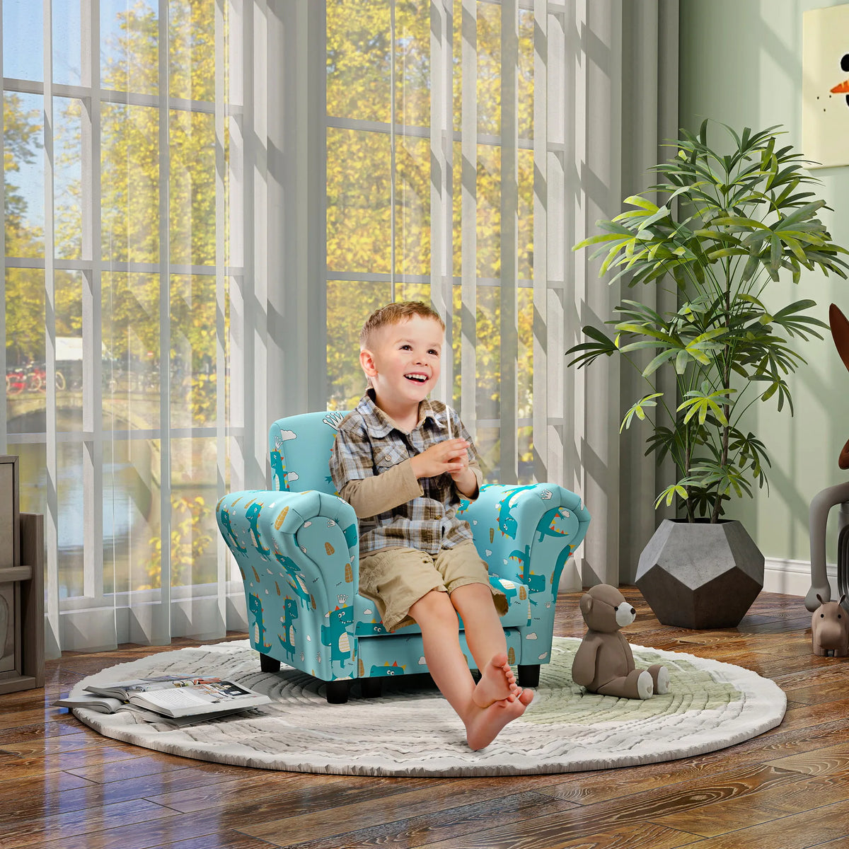 2 Piece Kids Sofa Set Armchair with Tuck Away Stool Dinosaur Print Wooden Frame for Ages 1.5-3 Years