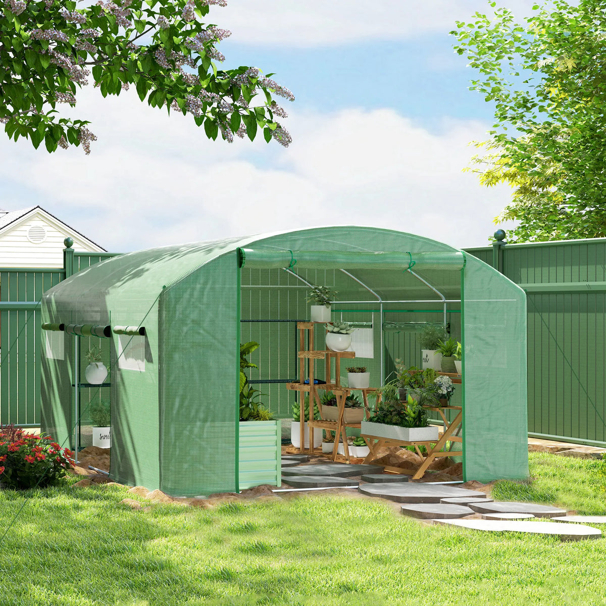 4 x 3 x 2m Polytunnel Greenhouse with 3 Roll-Up Doors and Mesh Windows