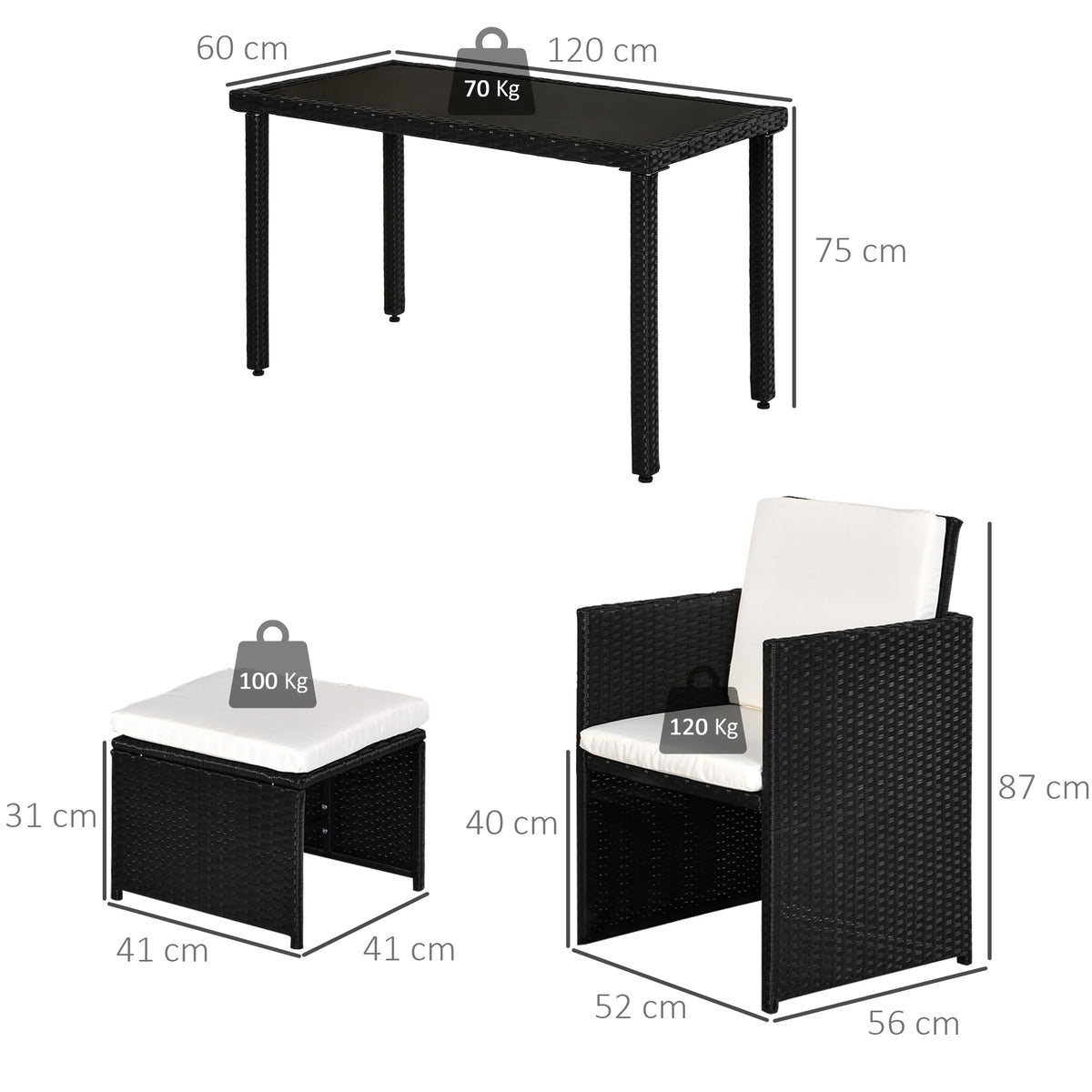 2 Seater Rattan Cube Garden Furniture Set, Rattan Set with Cushions, Outdoor Table and Chairs with 2 Armchairs