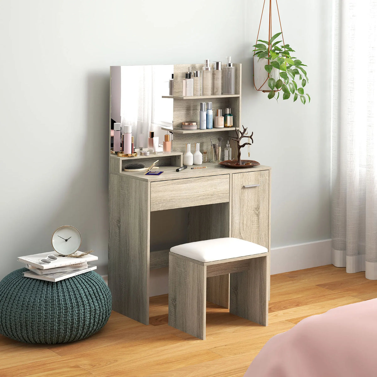 Dressing Table with Copper Free Mirror 3 Upper Shelves Drawer Cupboard and Padded Faux Leather Stool