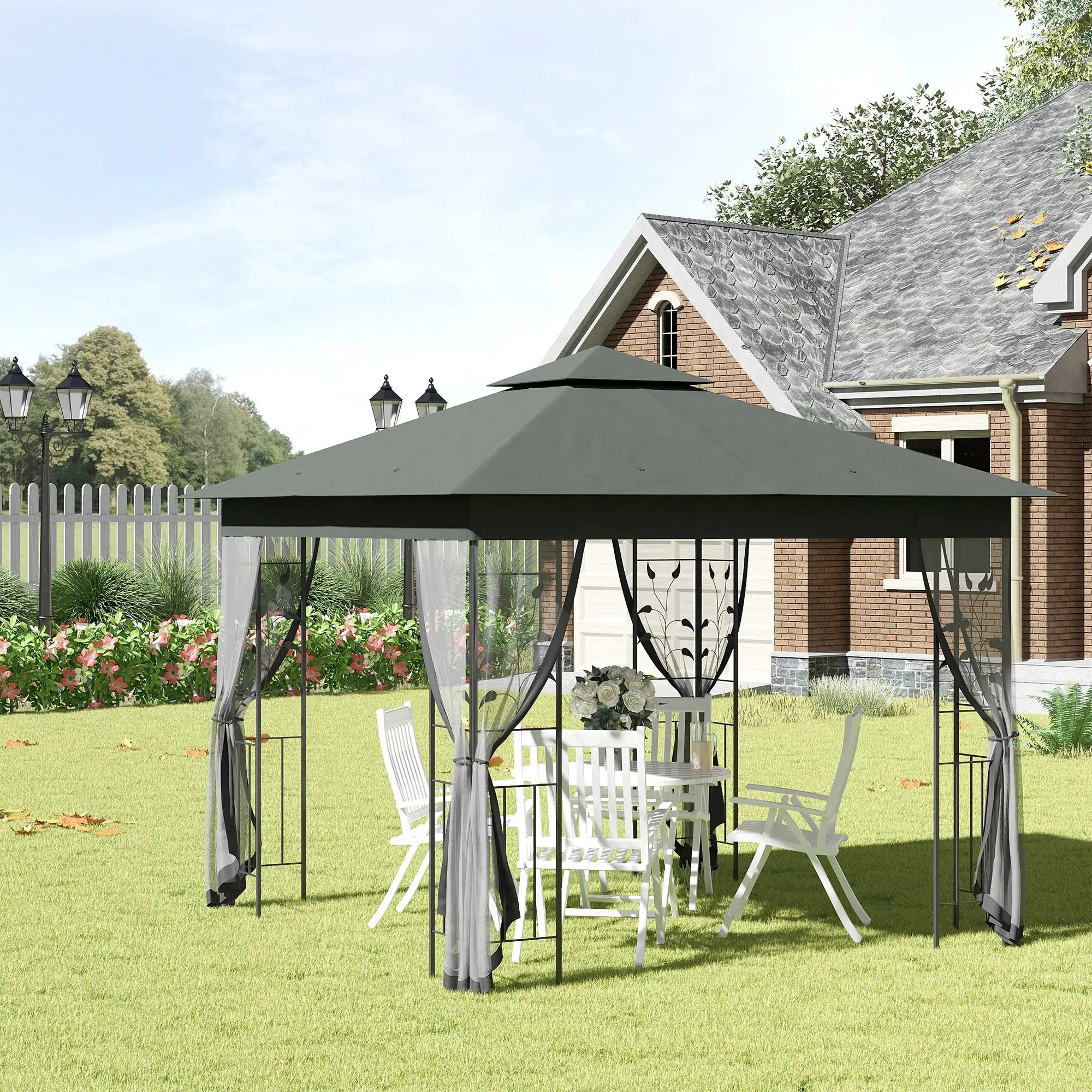 3 x 3m Double Roof Garden Gazebo with Mesh Curtains, Mosquito Netting, Ground Stakes and Steel Frame