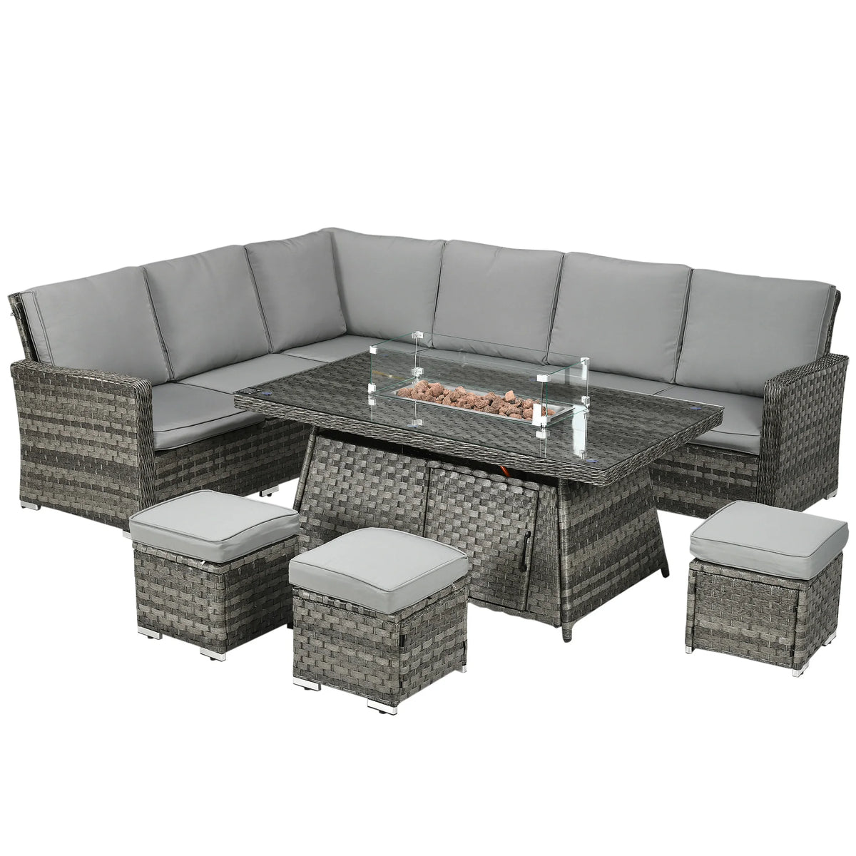 7-Piece Rattan Garden Sofa Set with Fire Pit Table, Footstools and Cushions