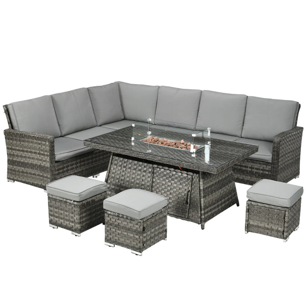 7-Piece Rattan Garden Sofa Set with Fire Pit Table, Footstools and Cushions