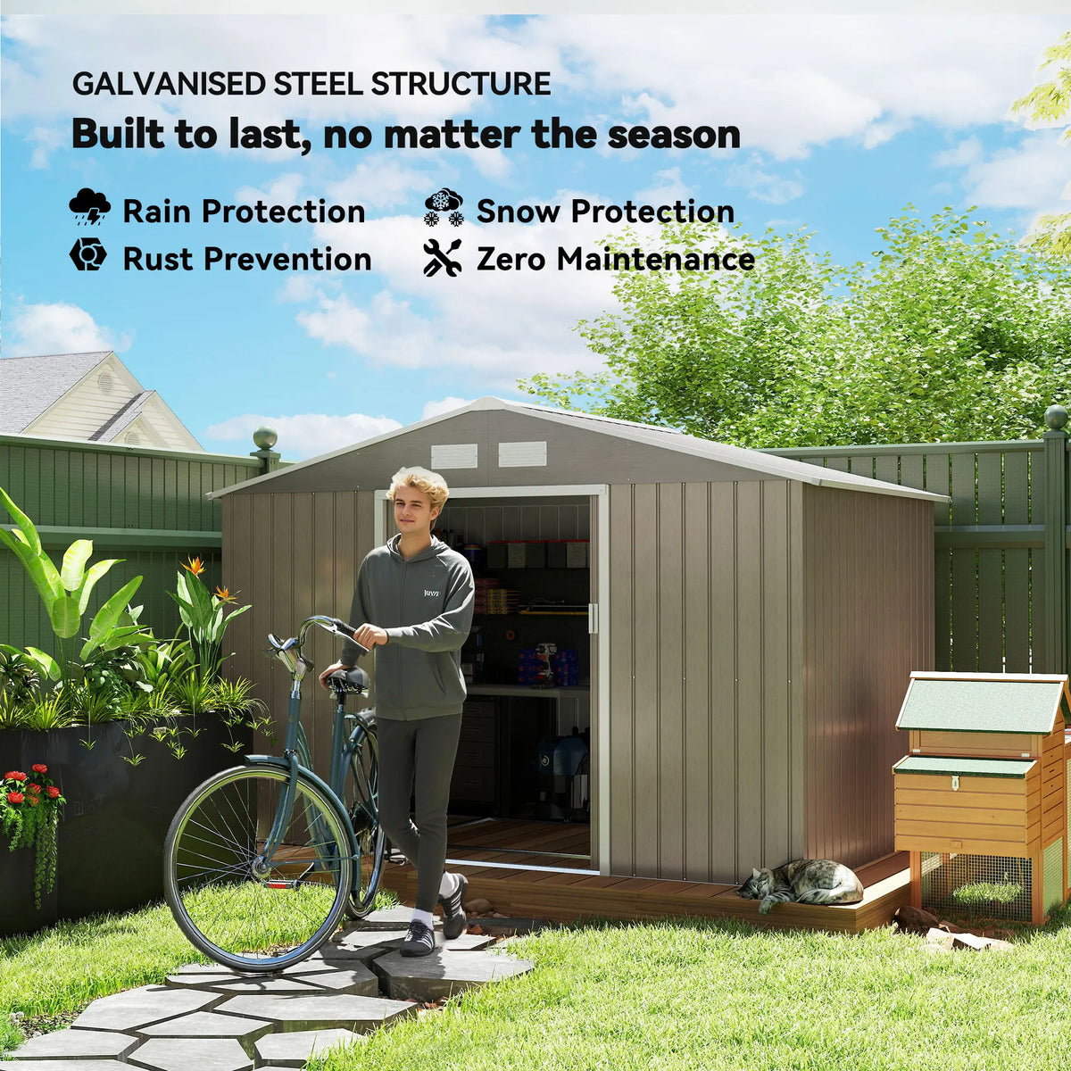9 x 6ft Metal Garden Shed, Outdoor Storage Tool House with Ventilation Slots, Foundation Kit, Light Brown