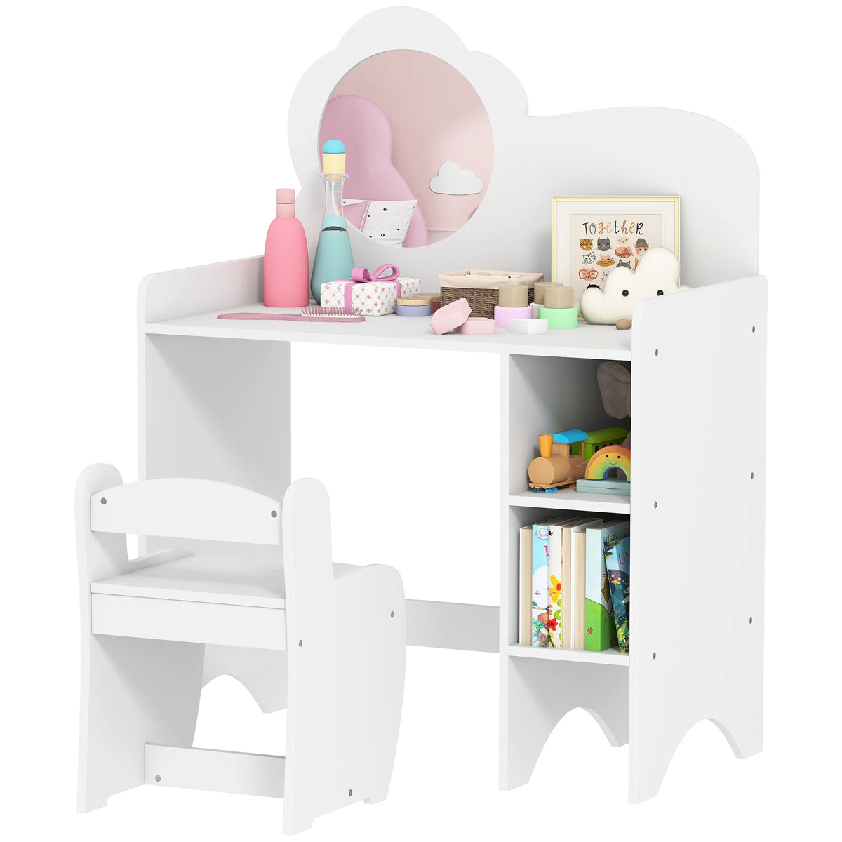 Kids Dressing Table and Chair Set with Mirror and Storage Compartments