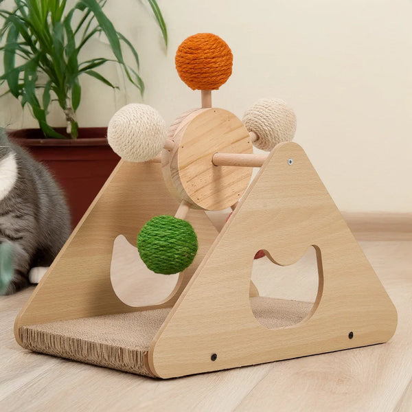 Wooden Ferris Wheel Cat Scratching Post with Rotating Sisal Balls and Scratcher Base Interactive Cat Toy
