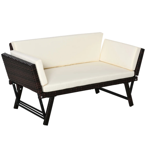 2 Seater Rattan Sofa with Cushions, 2-in-1 PE Rattan Daybed with Adjustable Armrests