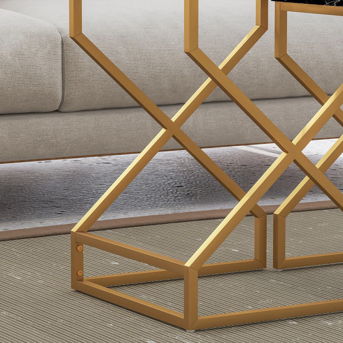 Nest of 2 Coffee Tables with Marble Effect Tops Gold Tone Steel Frames 100kg Each Black and White