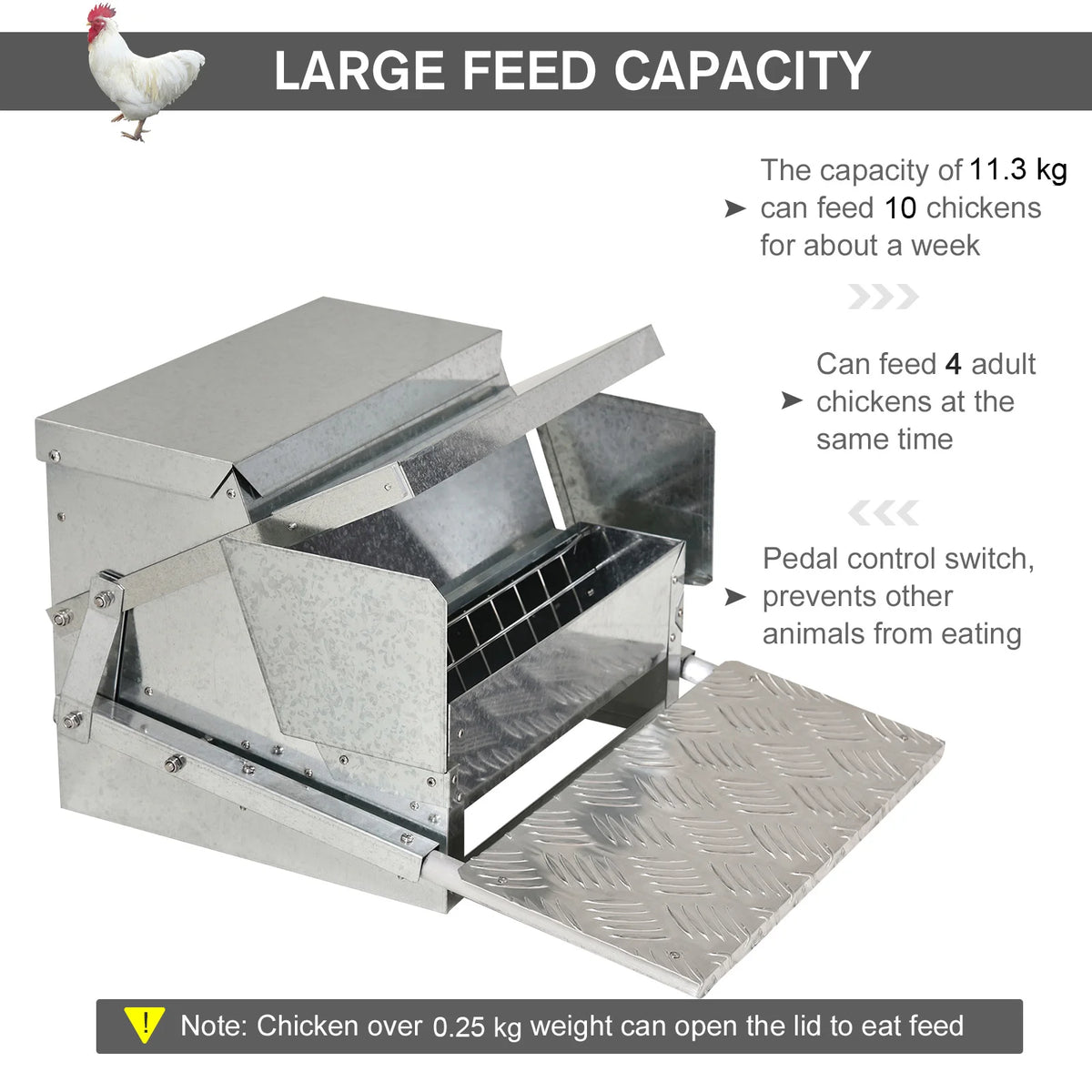 Automatic Chicken Feeder 11.5kg Galvanised Steel Rainproof Treadle Poultry Feeder for 10 Birds