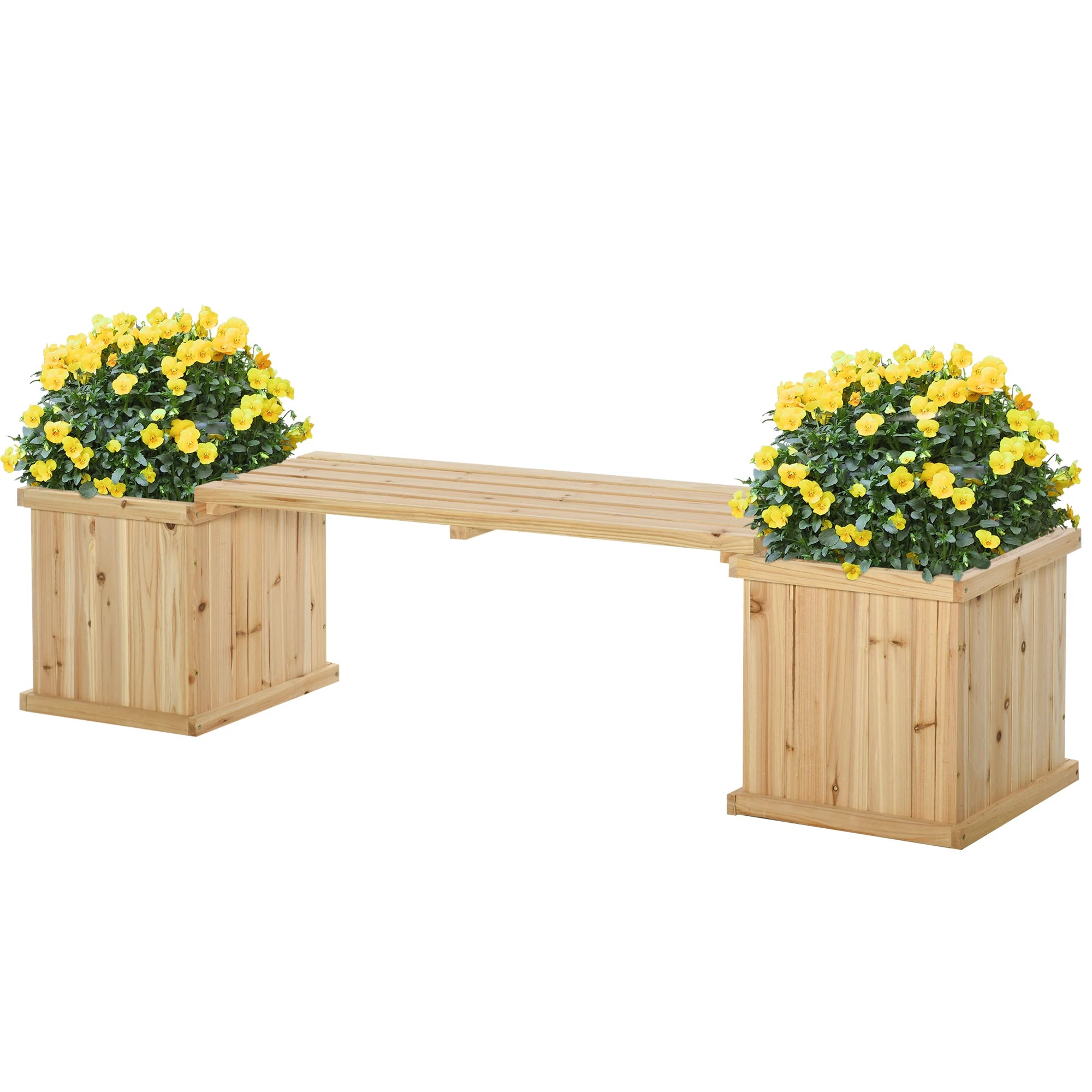 Wooden Garden Planter and Bench Combination Raised Bed with Drainage Holes and Non-Woven Lining for Outdoor Growing