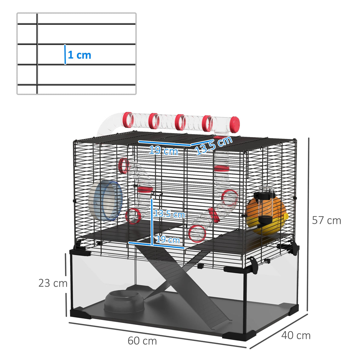 Large Hamster Cage, Gerbil Cage with Deep Glass Bottom, Tunnels, Non-Slip Ramps, Exercise Wheels, Water Bottle, Dish