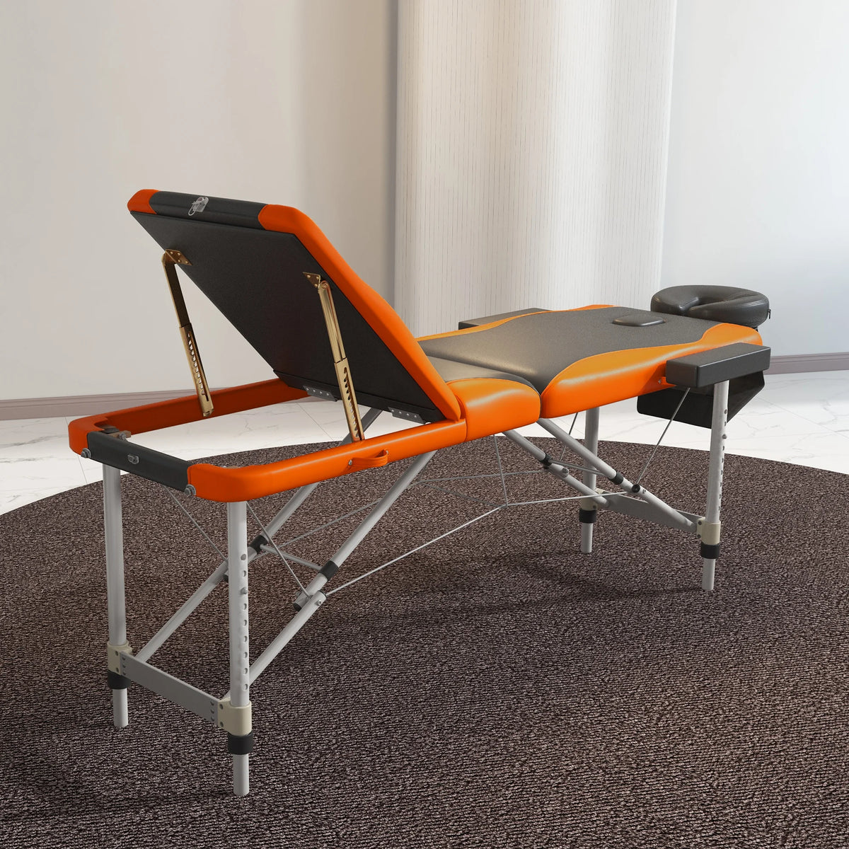Folding Massage Table with Aluminium Frame, Headrest and Armrests, Black and Orange
