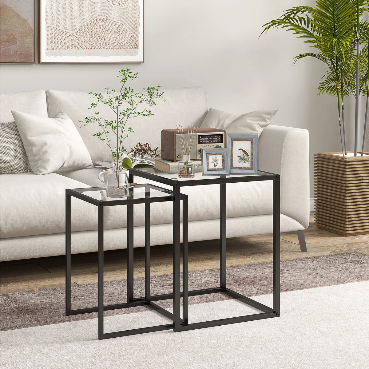 Nesting Tables Set of 2, End Table with Tempered Glass Top, Black