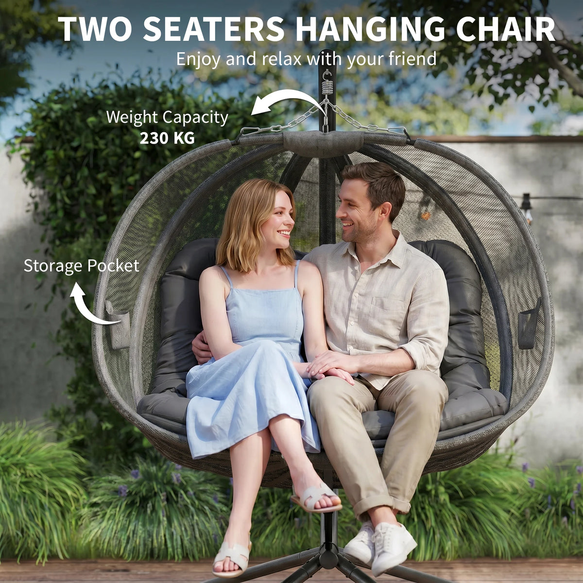 Double Hanging Egg Chair Folding Swing Hammock w/ Cushion, Indoor Outdoor Grey