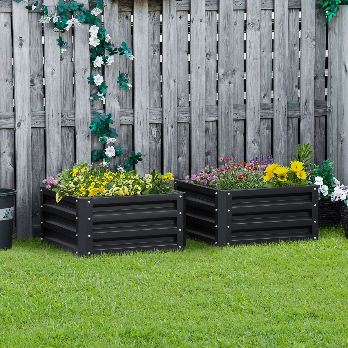 Set of 2 Raised Garden Beds Galvanised Steel Planter Boxes Open Bottom Rugged Design Easy Setup Grey