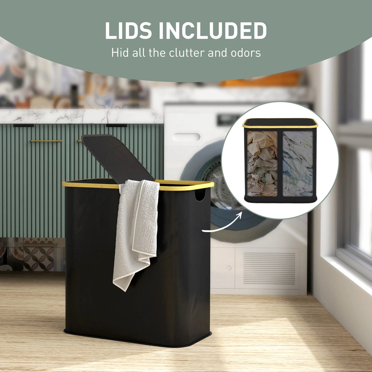 Collapsible Laundry Hamper 80L with 2 Compartments and Lids Bamboo Frame 54x34x58.5cm Black