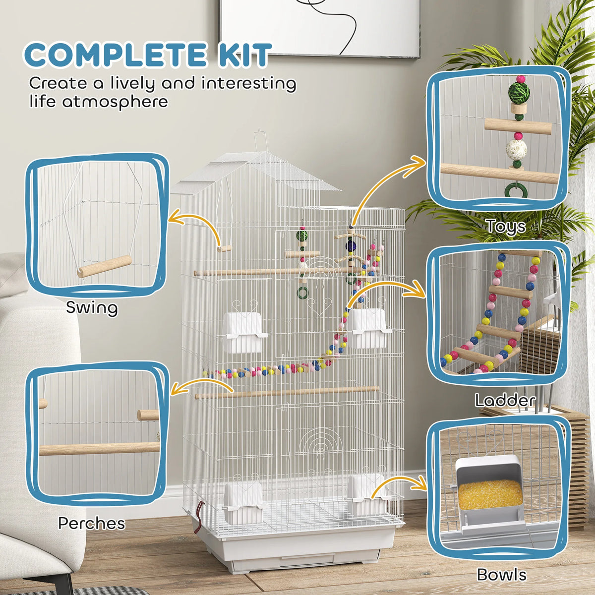 Tall Bird Cage for Budgies Finches and Canaries with Swing Ladder Toys Perches and Removable Tray White