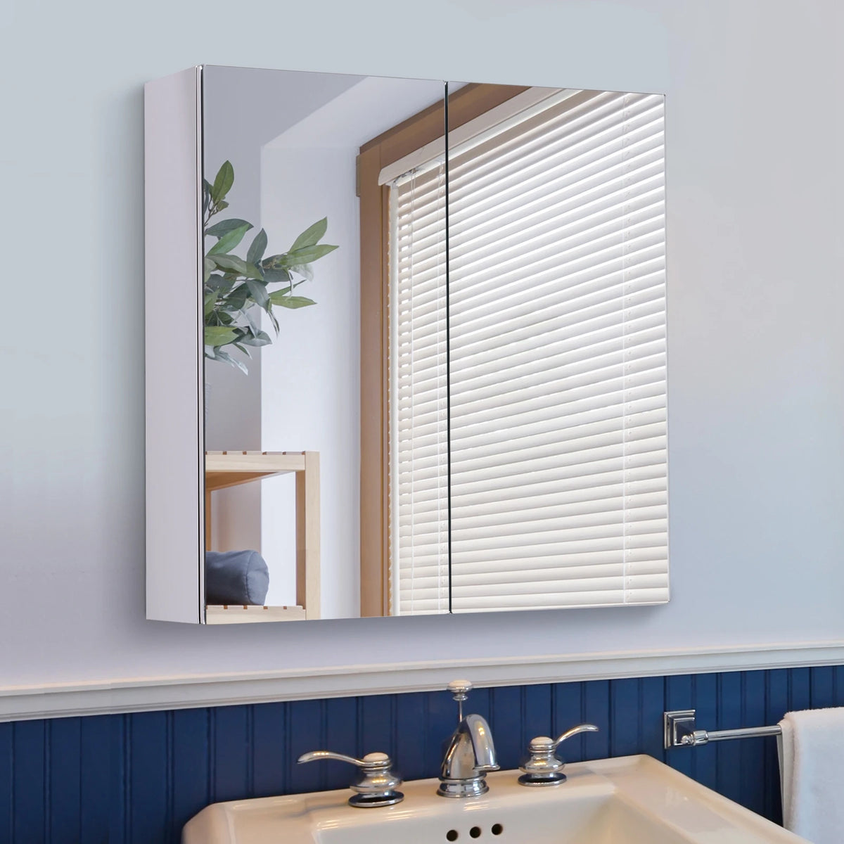 Stainless Steel Bathroom Mirror Cabinet, Double Door Wall Mounted, 60 x 55 x 12 cm