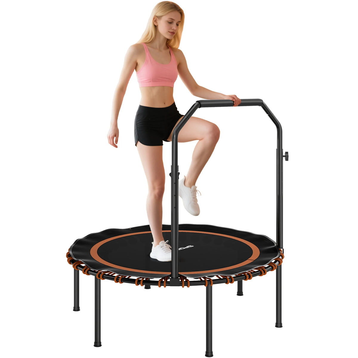40'' Foldable Fitness Trampoline, Mini Trampoline Bungee Rebounder with 5-Level Adjustable Handle for Adults Indoor Outdoor