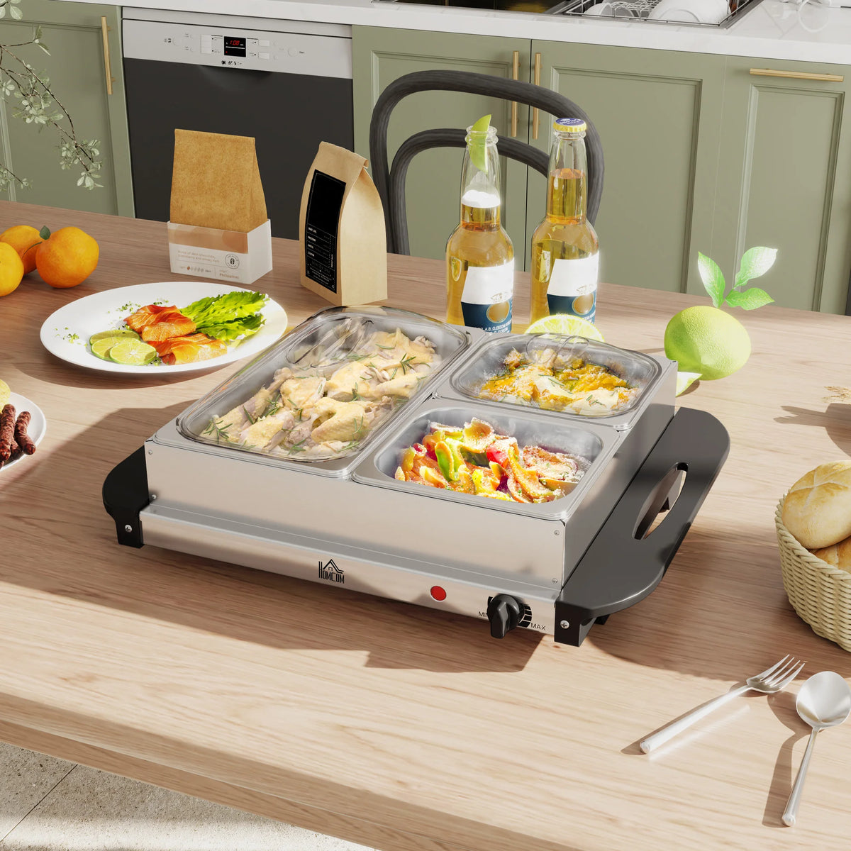 4.5L Electric Buffet Server and Food Warmer with 3 Trays and Lids, Stainless Steel