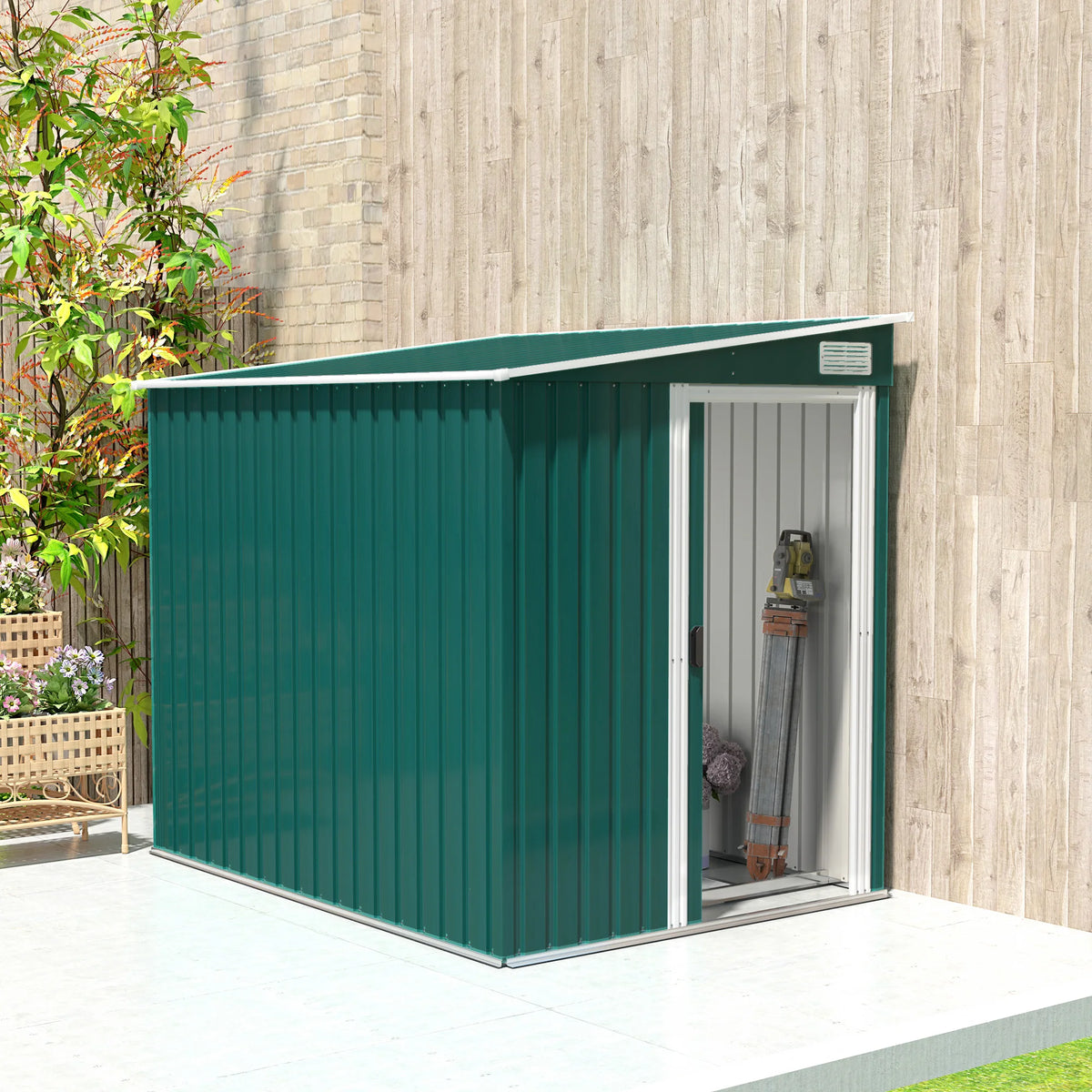 7 x 5ft Lean-To Metal Garden Shed with Foundation, Sliding Doors, 2 Vents, Green