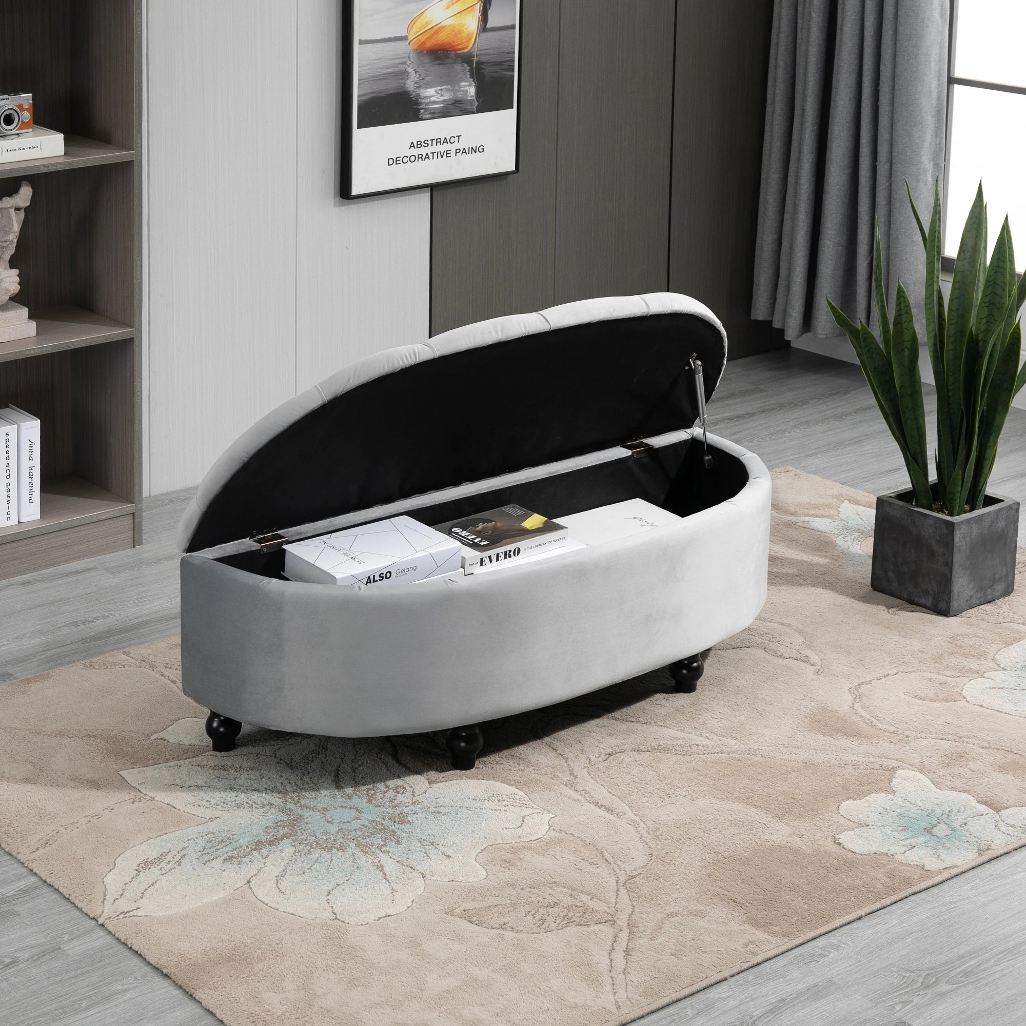 Semi-Circle Velvet Storage Ottoman Bench with Tufted Lid and Carved Wood Legs | Hallway Living Room Footrest