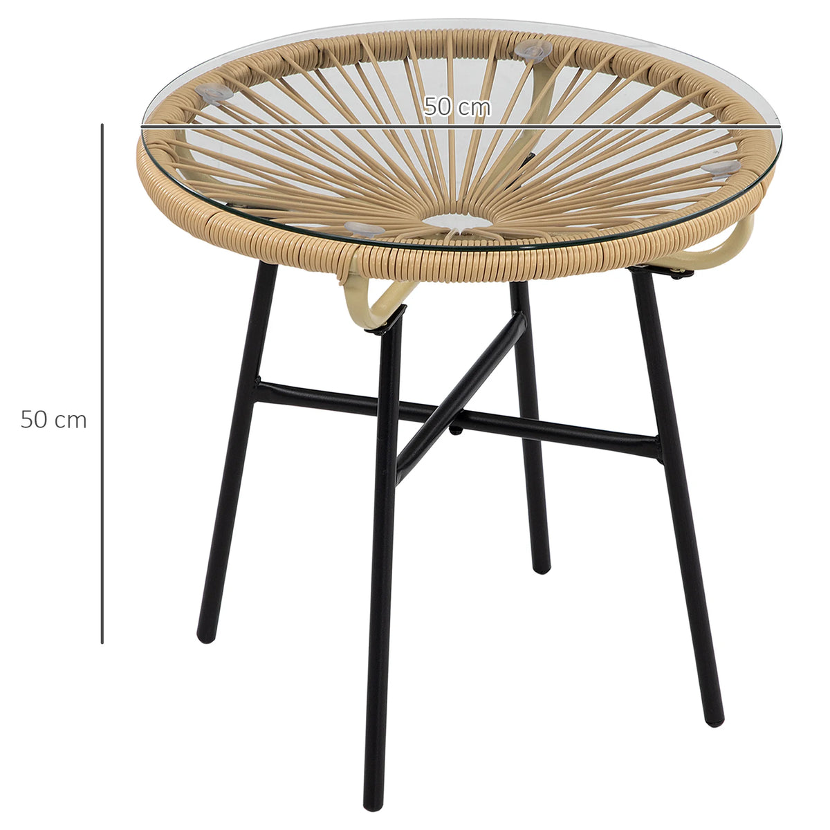 Rattan Side Table, Round Outdoor Coffee Table, with Round PE Rattan and Tempered Glass Table Top, Beige