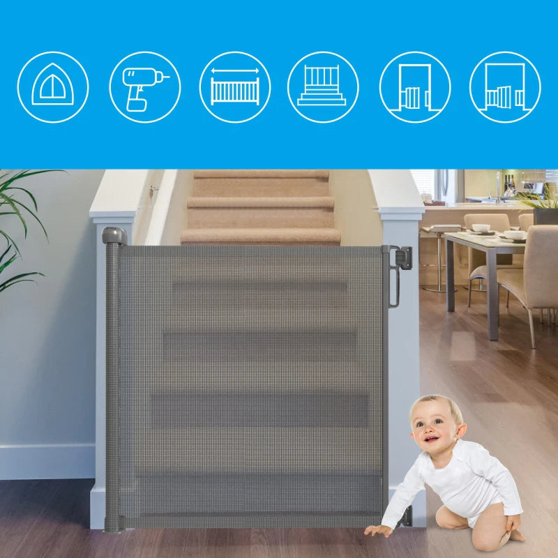 Feytory Retractable Stair Gate 130x88.9cm Metal Mesh Baby Dog Gate One Hand Operation White