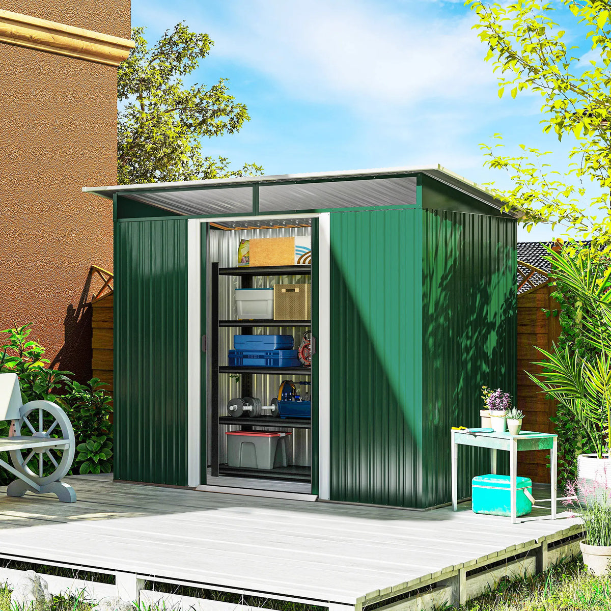 8.5 x 4.4ft Metal Garden Shed with Sliding Lockable Doors and Vents, Green