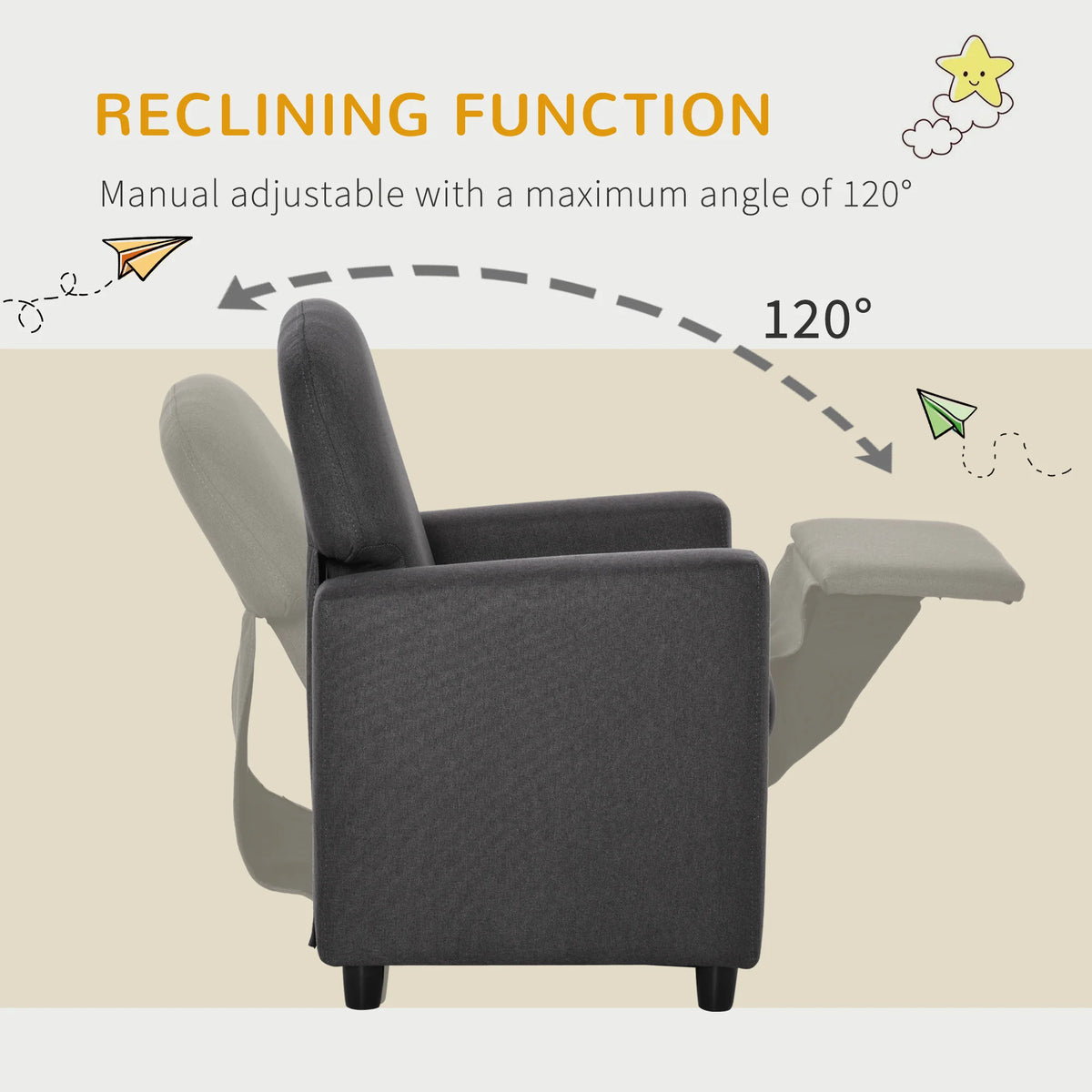 Kids Recliner Armchair with Footrest, Linen Children's Chair for Playroom and Bedroom, Grey