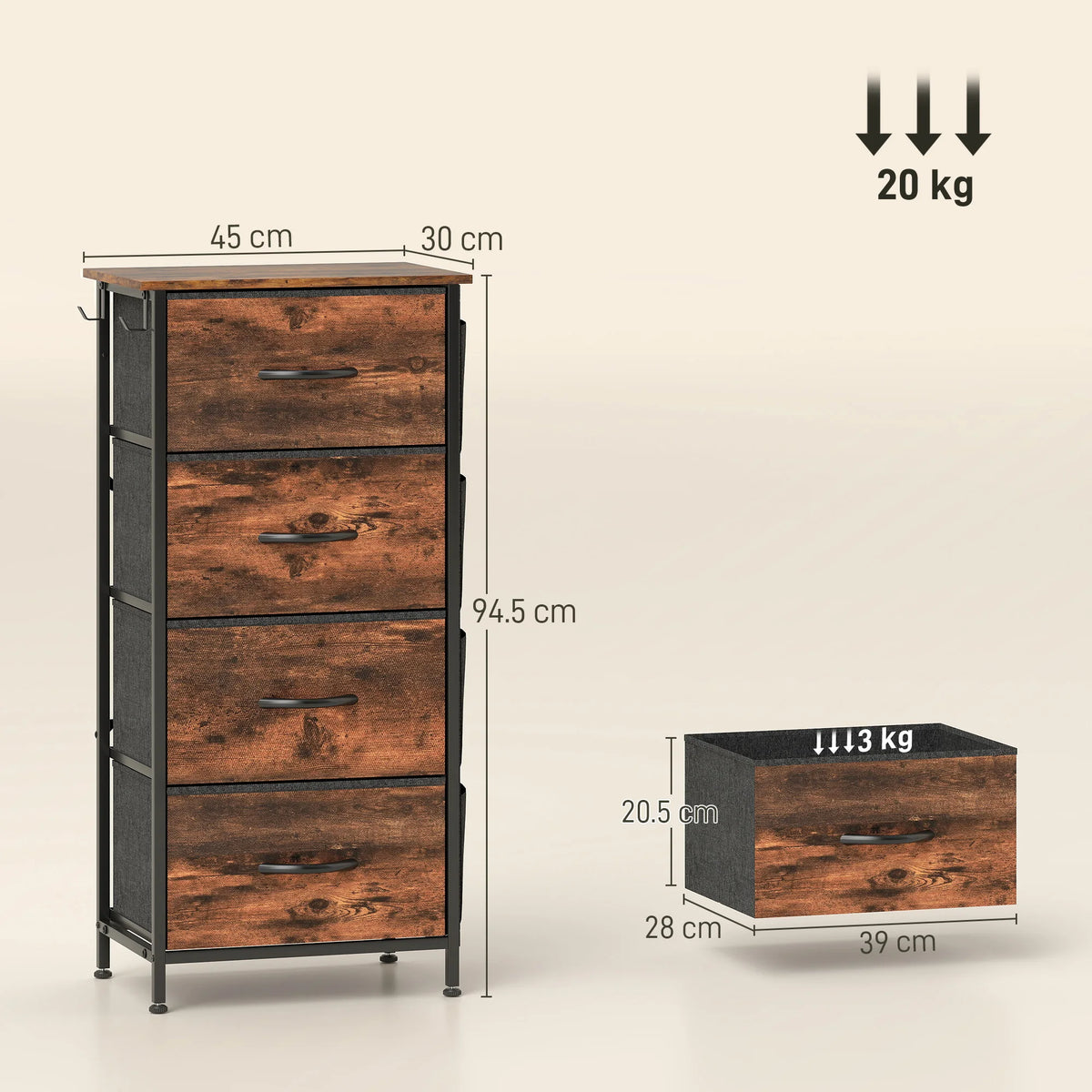 Fabric Chest of 4 Drawers with Side Pockets and Hooks, Rustic Brown and Black