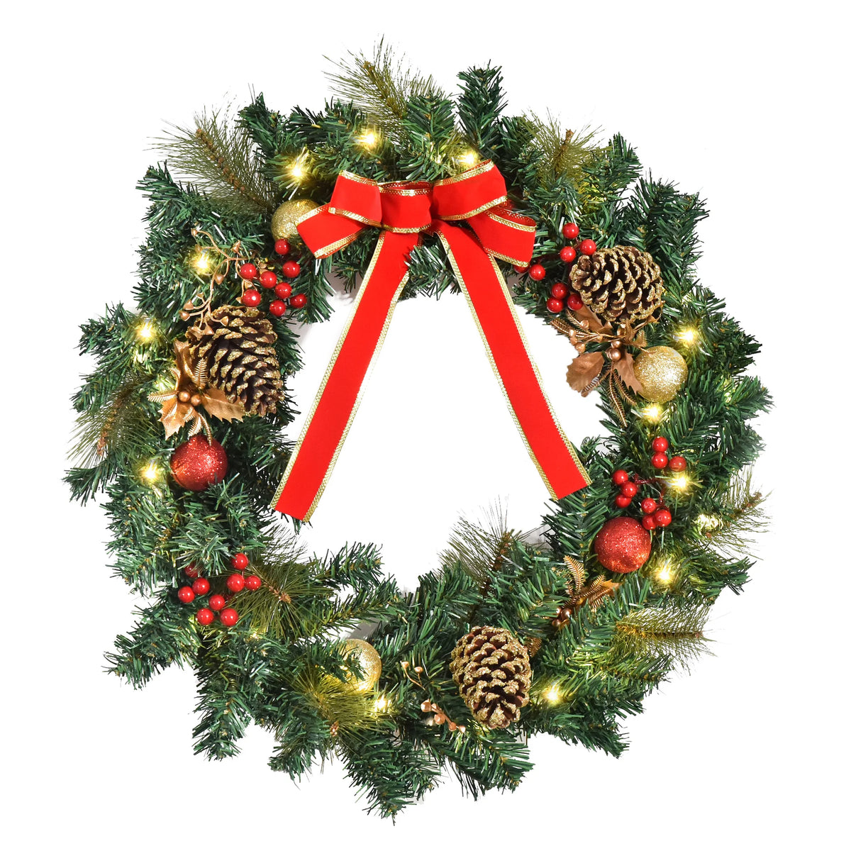 Pre-Lit Artificial Christmas Wreath with Holly, Pine Cones and 20 LED Lights, 60cm