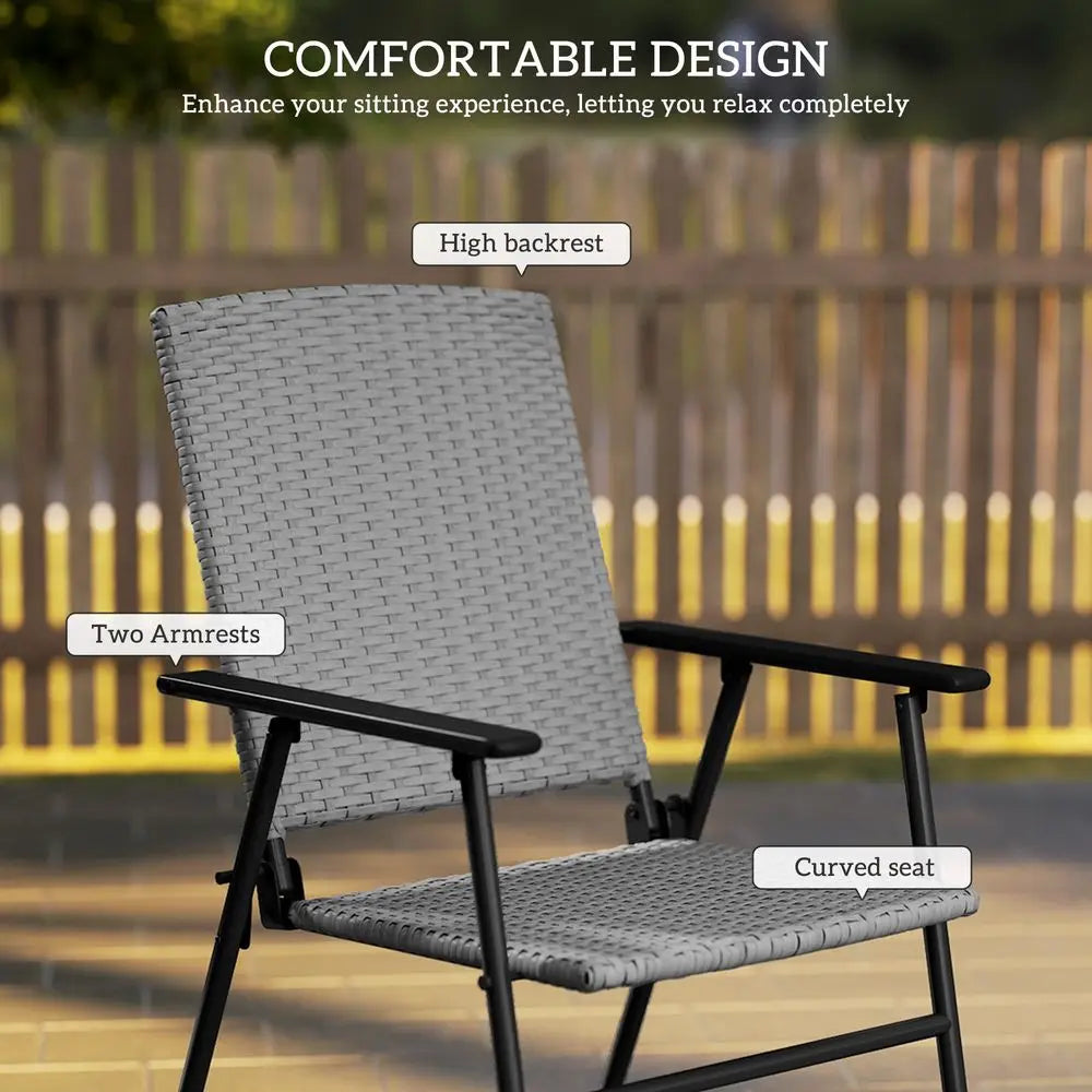 Set of 2 Folding PE Rattan Garden Dining Chairs with Armrests High Back Steel Frame 58x61x94cm Outdoor