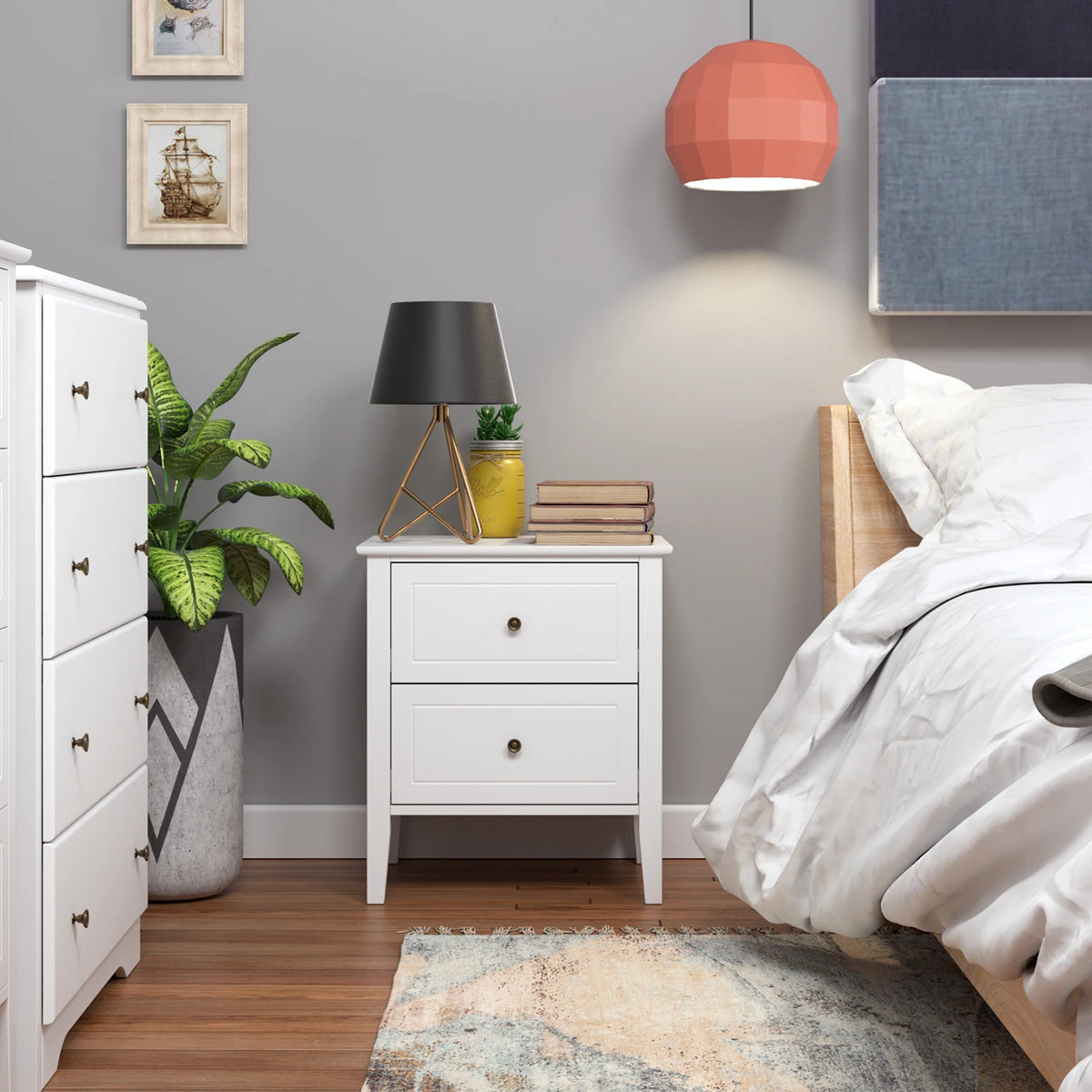 White Bedside Table with 2 Drawers | 50x40x55cm Wooden Nightstand Bedside Cabinet for Bedroom