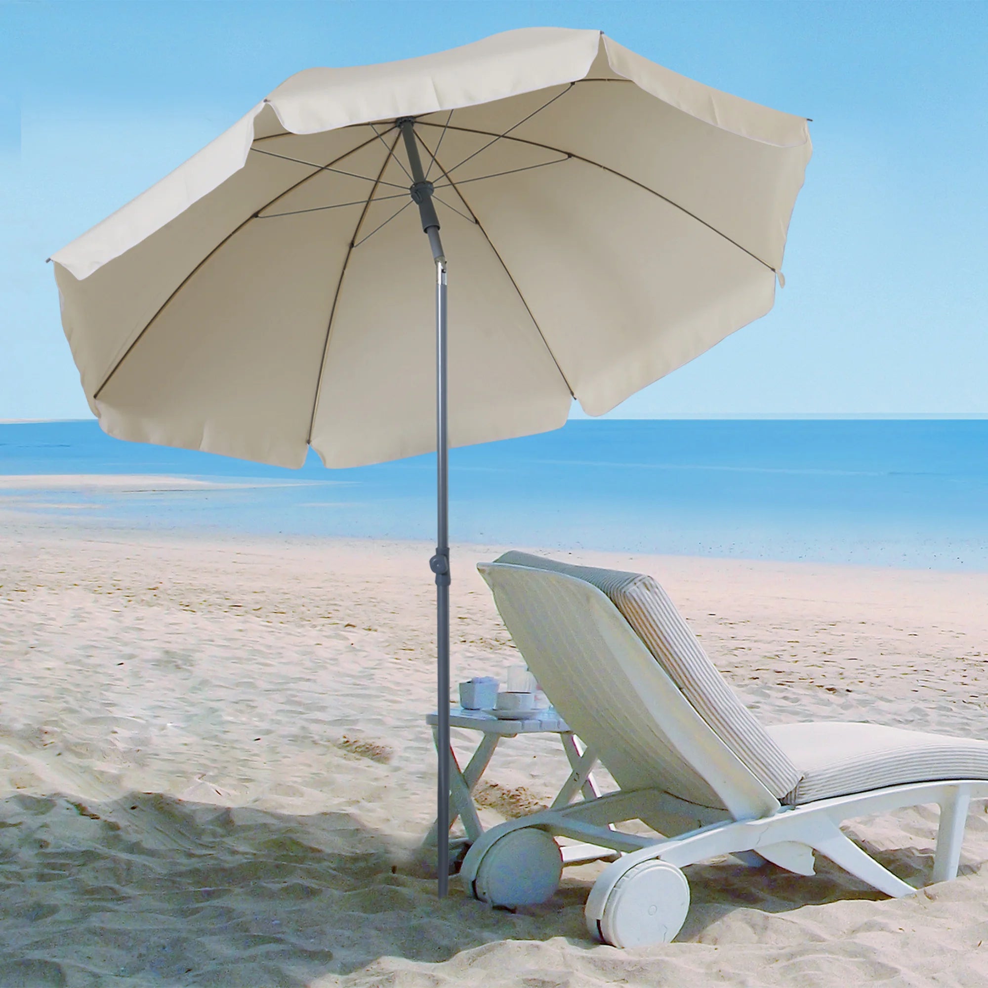 2.2m Beach Parasol Umbrella Tilting Function 8 Rib Steel Pole Fade Resistant Canopy for Garden Pool Deck Cream White