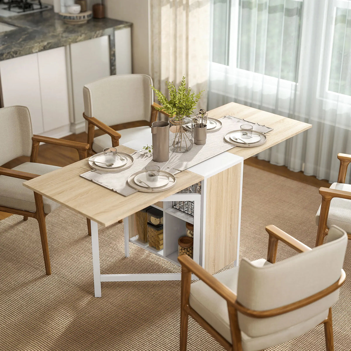 Folding Table with Storage Shelves, Oak and White