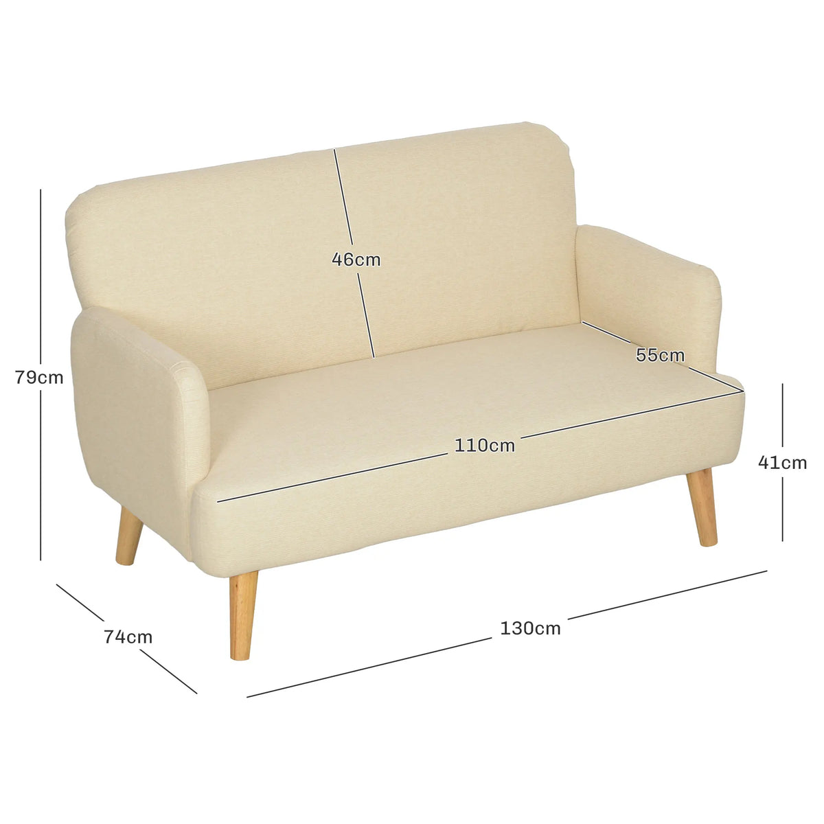 2 Seater Velvet-Touch Sofa with 21cm Padded Seat and Wood Legs, Cream White