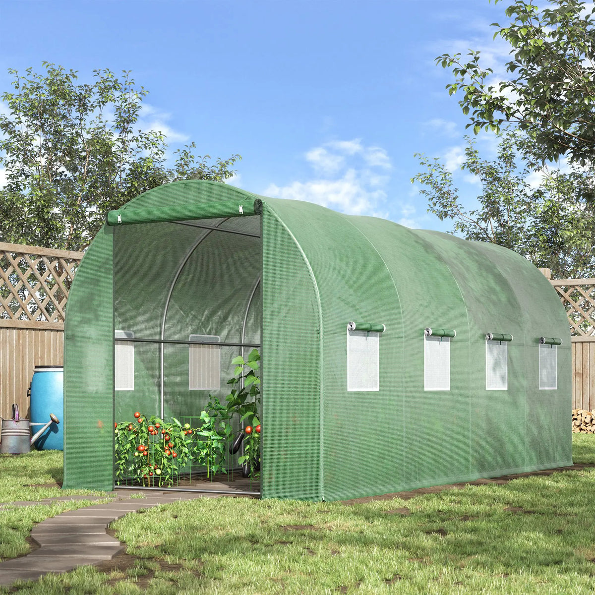 Walk-in Polytunnel Greenhouse with Roll-Up Windows, 4 x 2m, Green